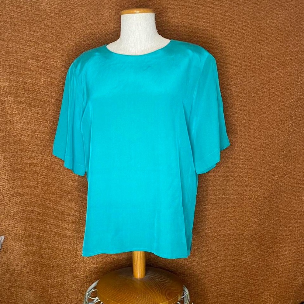 Vintage Anne Klein II Teal Silk Short Sleeve Blouse, Size L.